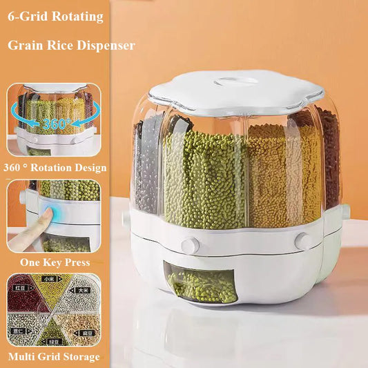 6-grid rotating grain rice dispenser with clear container and white lid on a white surface.