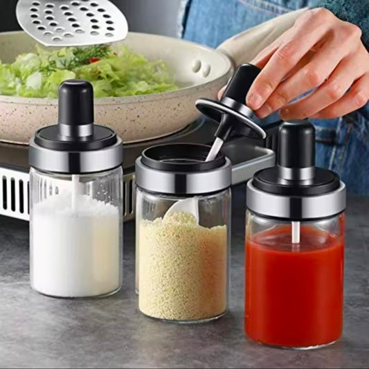 Kitchen Salt Pepper Bottle Glass Seasoning Bottle With Spoon Bush Sugar Salt Dispenser Seasoning Jar Cooking Shaker Container