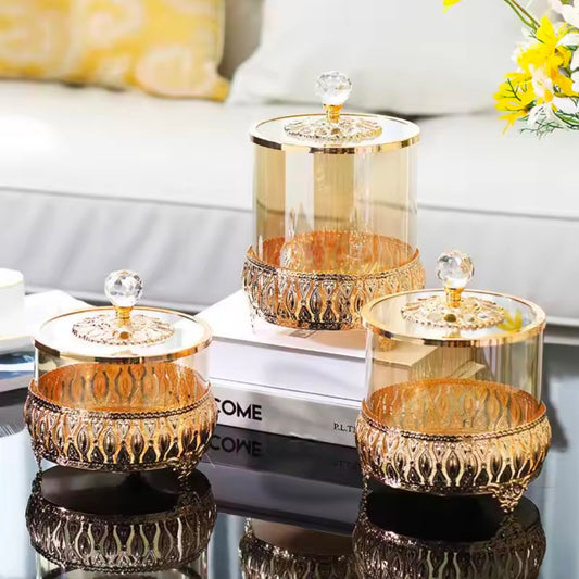 Modern Light Luxury Metal & Glass Candy Jar-Decorative Storage Tank for Living Room Creative Home Decoration With American St
