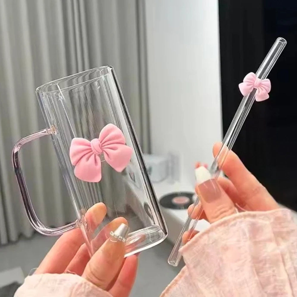 Summer Drinks Household Glasses With Straws Cold Drinks Coffee Cups Bow Mugs Suitable for Girls High-Value Drinking Gifts