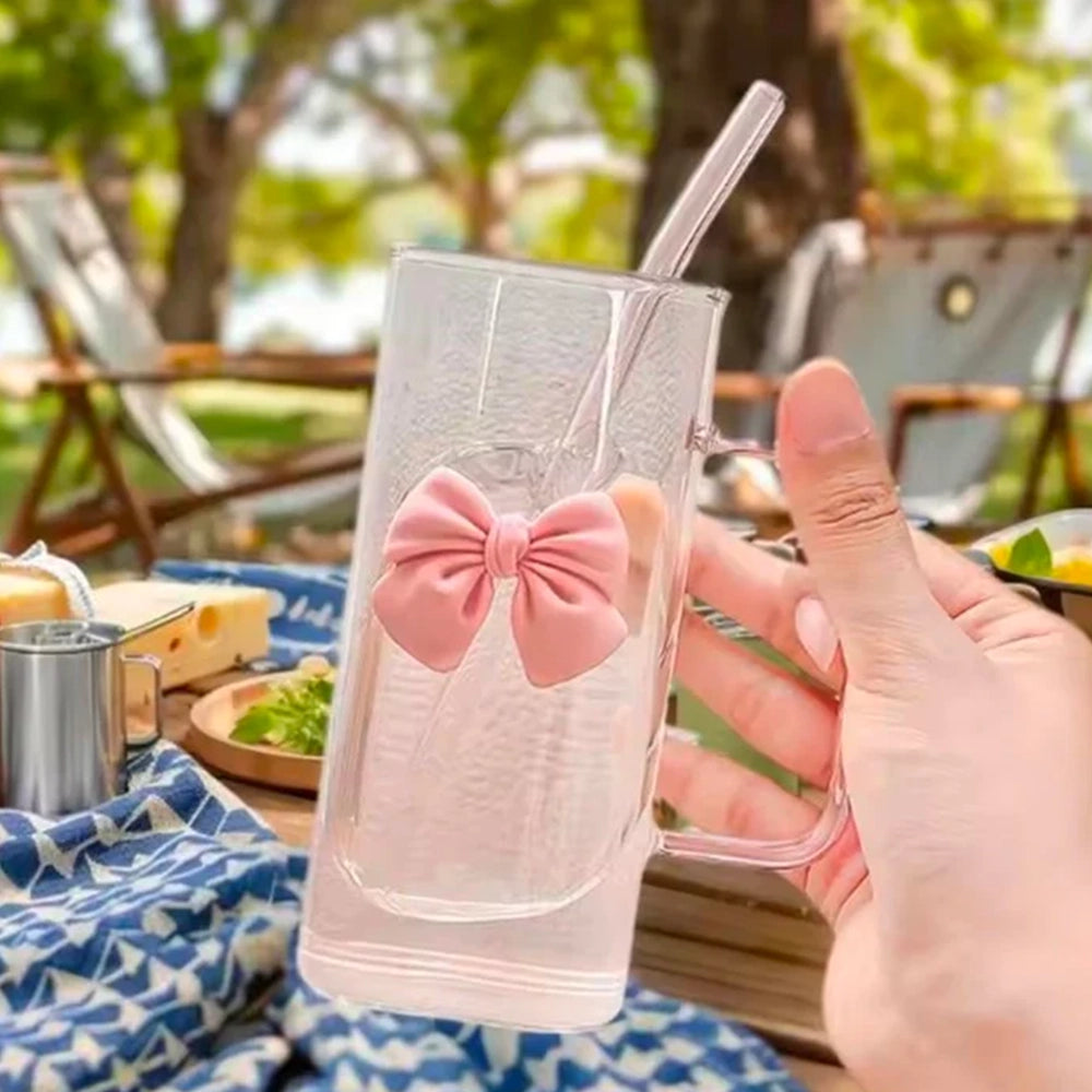 Summer Drinks Household Glasses With Straws Cold Drinks Coffee Cups Bow Mugs Suitable for Girls High-Value Drinking Gifts