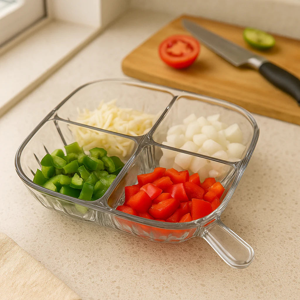 Set of clear plastic compartment trays with food items on a white background