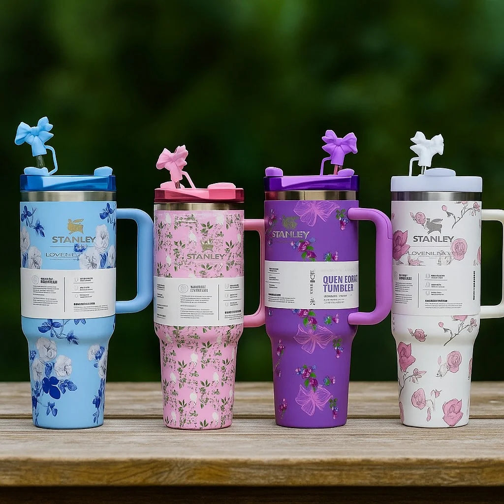 40oz Printed Tumbler with Straw and Handle – Stanley Style