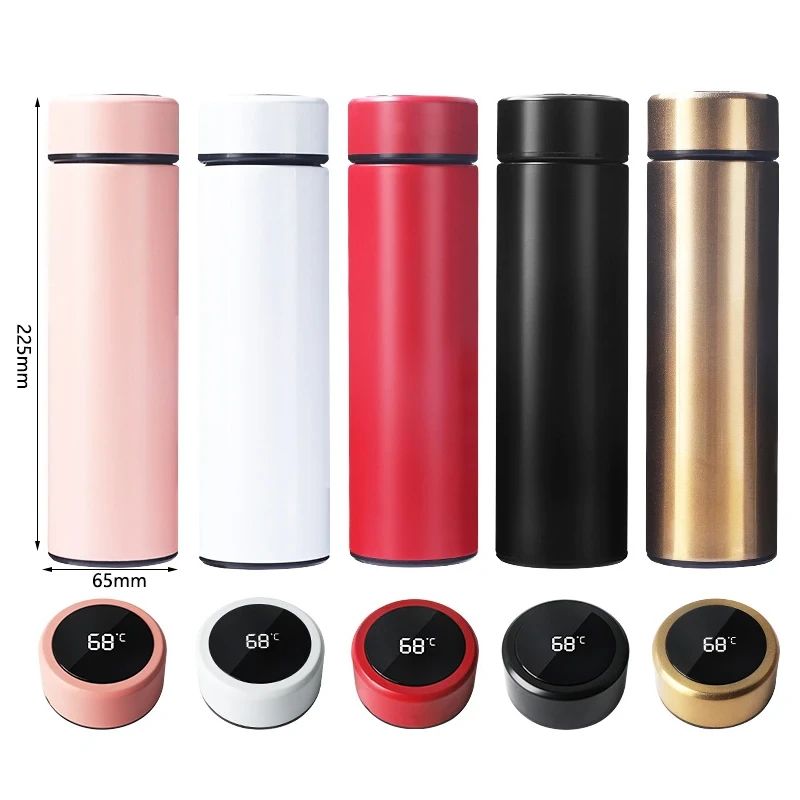 Two thermos bottles, one white and one black, with a digital thermometer on a red and blue background.