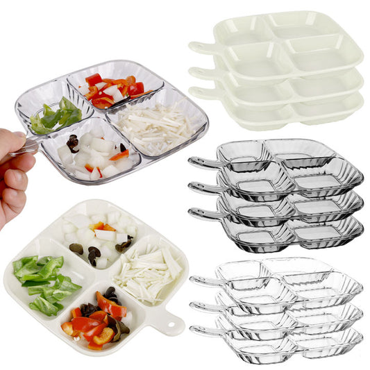 Set of clear plastic compartment trays with food items on a white background