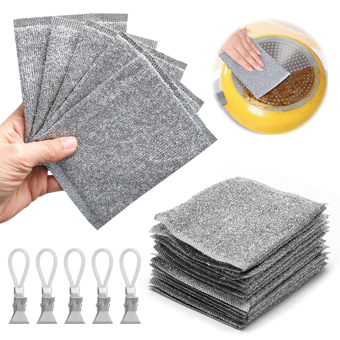 Gray cleaning cloth being used to clean a faucet and a dish, with a plain white background.