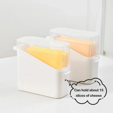 White cheese storage container with sliced cheese on a white background