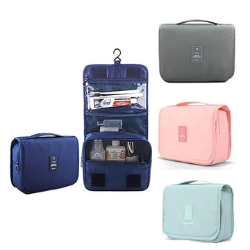 Set of travel toiletry bags in various colors with products inside on a white background