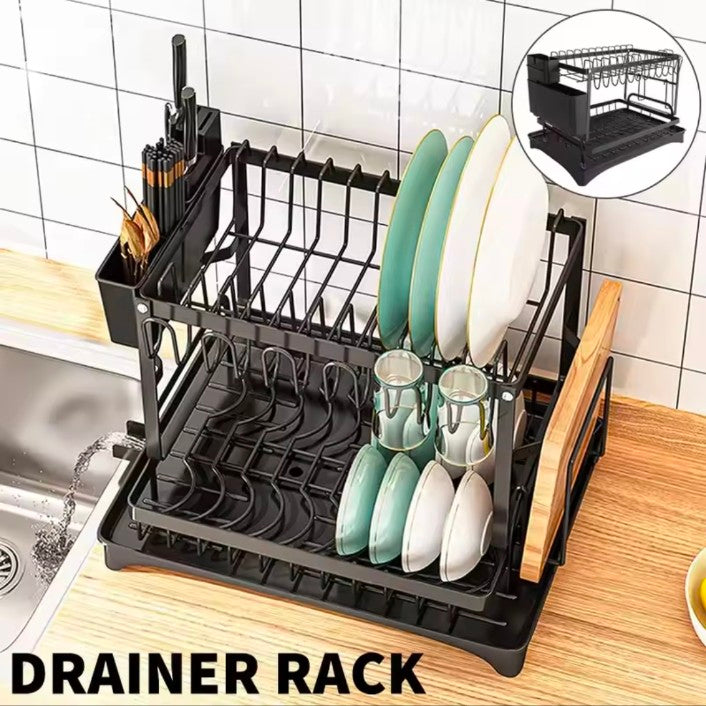 Rust -proof Metal Dish Drainer With Cup Holder Cutlery and Cutting Board Slots -2 Tier Kitchen Countertop Plates Bowls Organizer