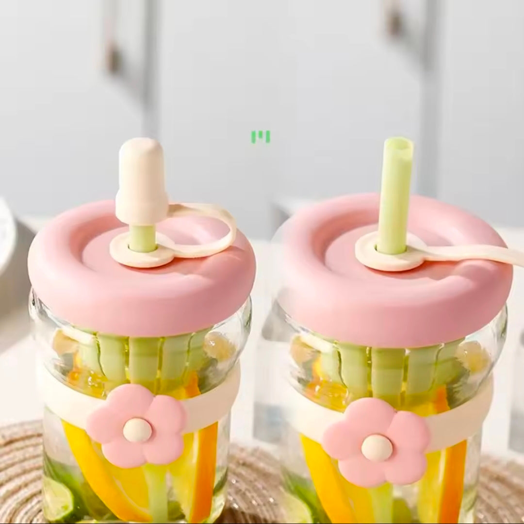 Flower Cup High Aesthetic Glass Portable Straw Cup Water Cup