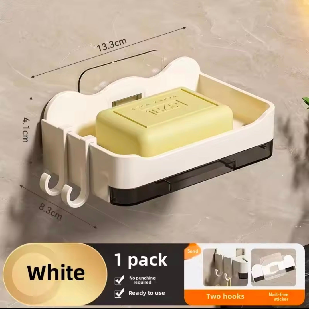 Bathroom Soap Dish Free Punch Wall Mount Sticker Soap Sponge Handle Organizer Double Drain Dish With Hooks Accessories