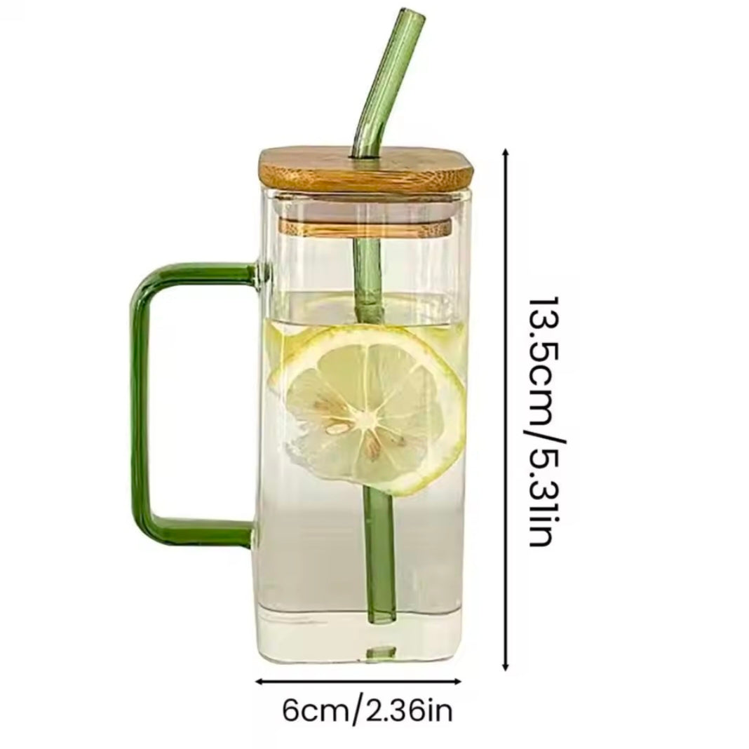 Square Glass Tumbler with Handle & Lid – 380ml Travel Cup