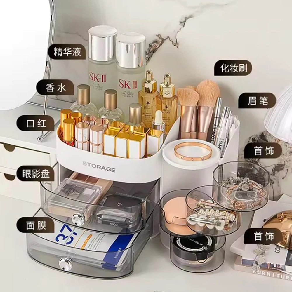 360 Degree Rotating Makeup Brushes Organizer Desk Organizer Cosmetic Storage Box with Drawers Large Capacity Storage Basket