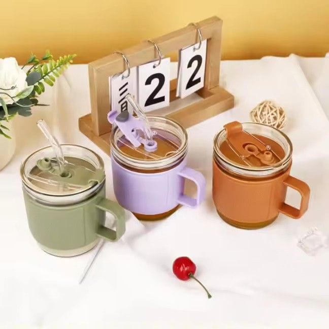 350 ml Glass Sipper Cup With Handle Lip & Straw Leak Proof