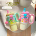 New Cute Cartoon Pattern Large Capacity Stainless Steel Insulated Mug Portable Car Vehicle Cup with Handle Thermal Flask