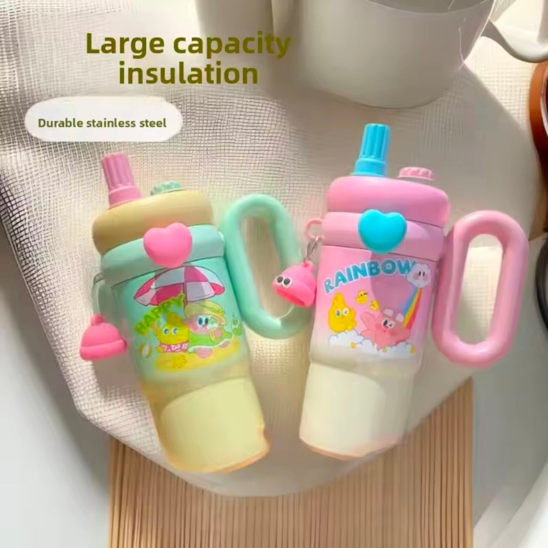 New Cute Cartoon Pattern Large Capacity Stainless Steel Insulated Mug Portable Car Vehicle Cup with Handle Thermal Flask