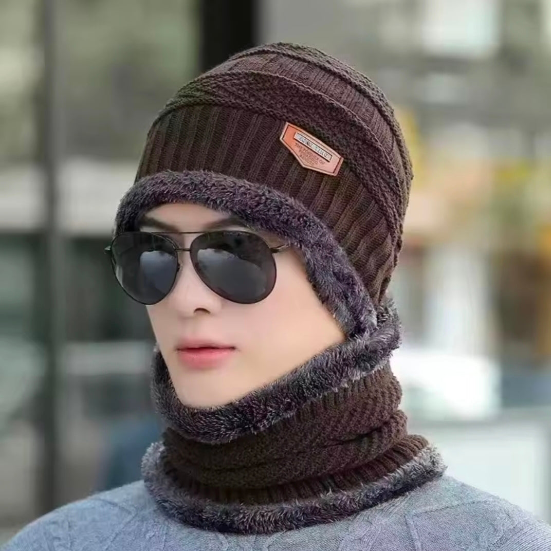 Men Warm Winter Knitted Beanie Hat Thick Knitted Hat Outdoor Riding Hat Warm Thickening Velvet Neck Protect Cap Motorcycle Mask