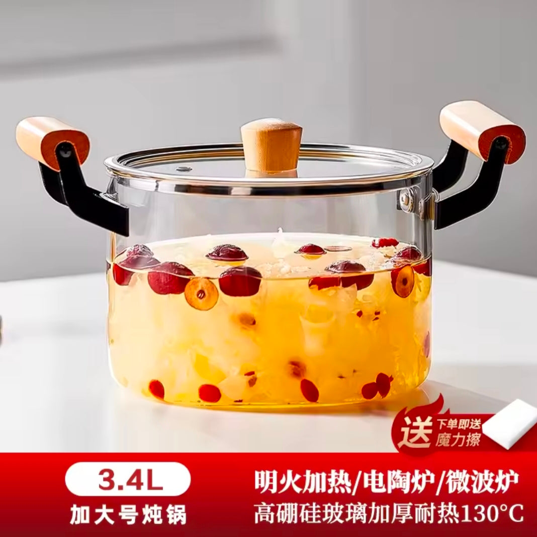 Flameproof Glass Saucepan Explosion-Proof Noodle Pot, Heat Retention Soup Maker, Transparent Kitchen Cooking Pen Easy Clean