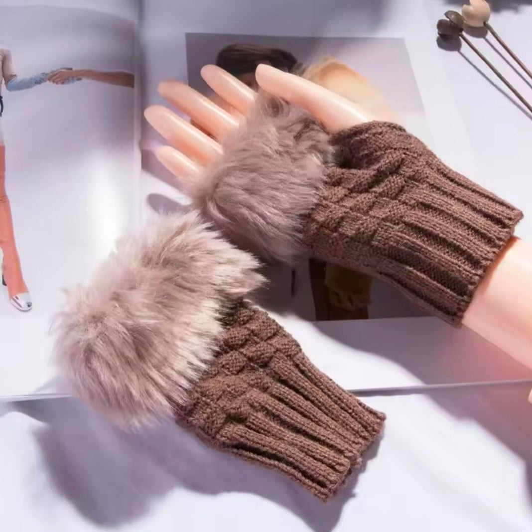 Winter Faux Rabbit Fur Warm Knitted Half Finger Gloves Wrist Hand Warmer Gloves Fingerless Mittens Solid Color Soft Touch Gloves
