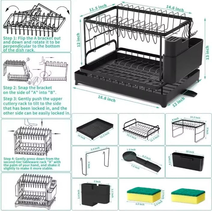 Rust -proof Metal Dish Drainer With Cup Holder Cutlery and Cutting Board Slots -2 Tier Kitchen Countertop Plates Bowls Organizer