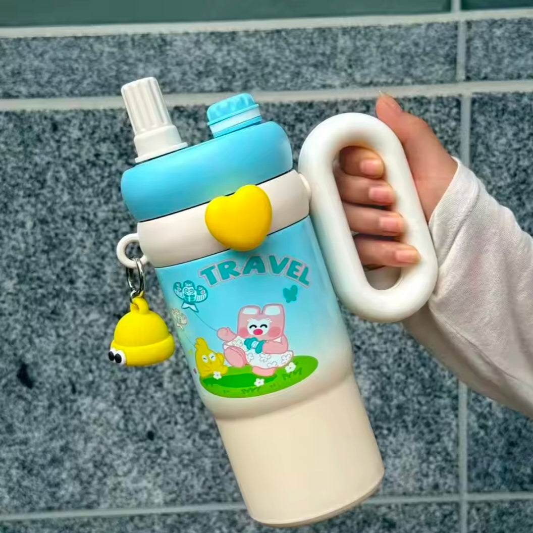 New Cute Cartoon Pattern Large Capacity Stainless Steel Insulated Mug Portable Car Vehicle Cup with Handle Thermal Flask