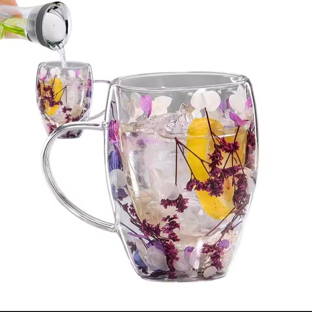 Double Wall Glass Cup 350ml Dry Flower Cup With Handle Anti-Scalding Mugs for Milk Chocolate Tea Juice Hot Cold Beverages