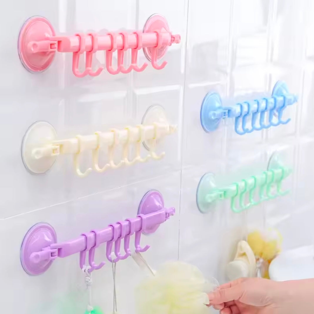 WIKHOSTAR 6 Hooks Towel Rack Suction Cup Hooks Bathroom Organizer Wall-mounted Storage Shelf Kitchen Towel Hanger Rack