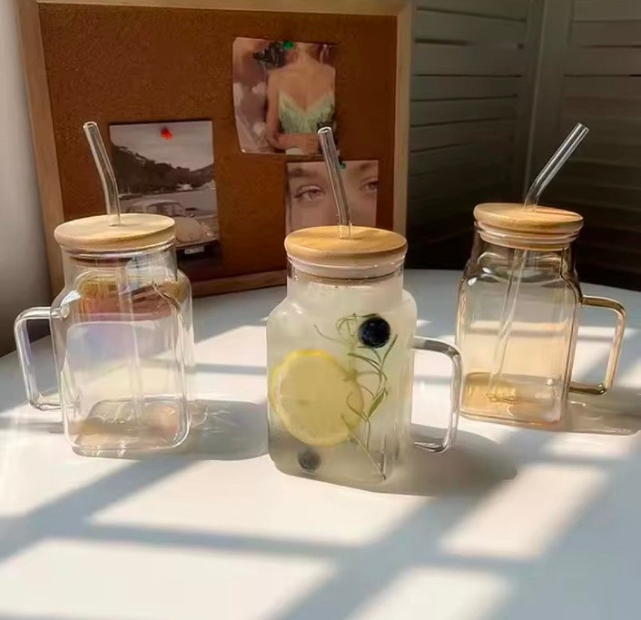Cute Glass Cup With Bamboo Lip Strew for Coffee Water Milk Tea Juice Portable Glass Bottle Girl Large Drinking Bottle Gift 620ml