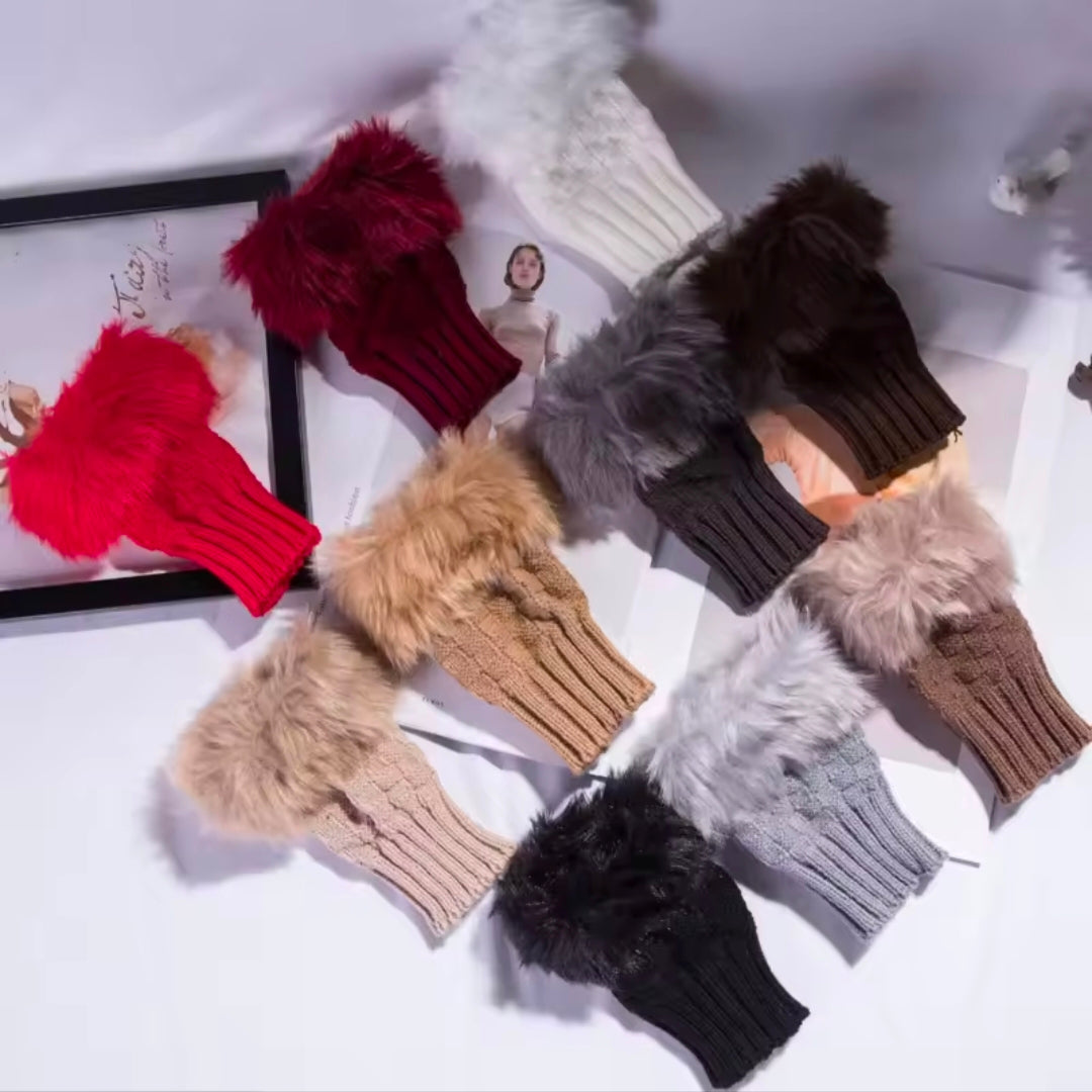 Winter Faux Rabbit Fur Warm Knitted Half Finger Gloves Wrist Hand Warmer Gloves Fingerless Mittens Solid Color Soft Touch Gloves