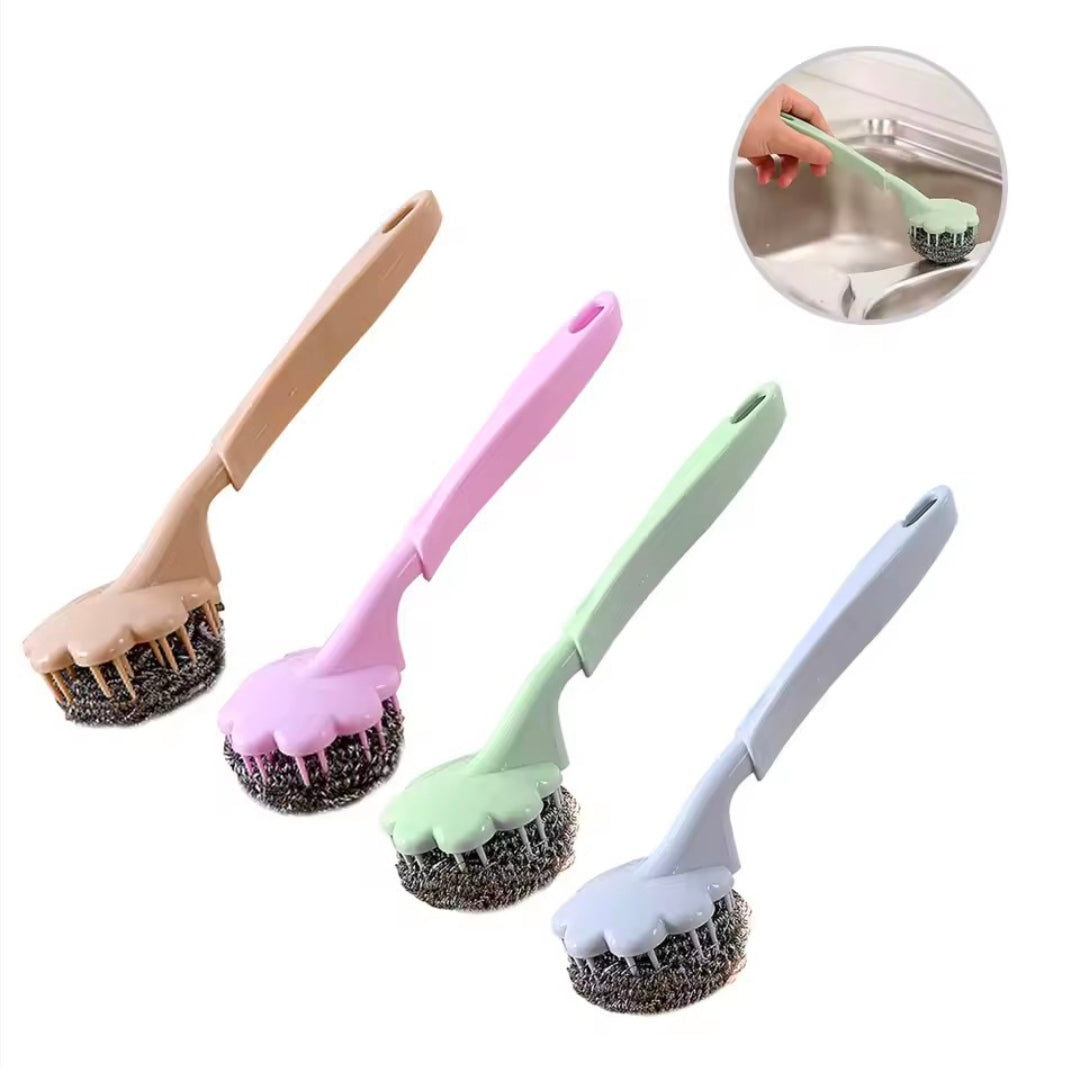 Flower Shape Steel Wire Ball Brush Long Handle Metal Scouring Pad Kitchen Bathroom Pan Pot Cleaning Coffee