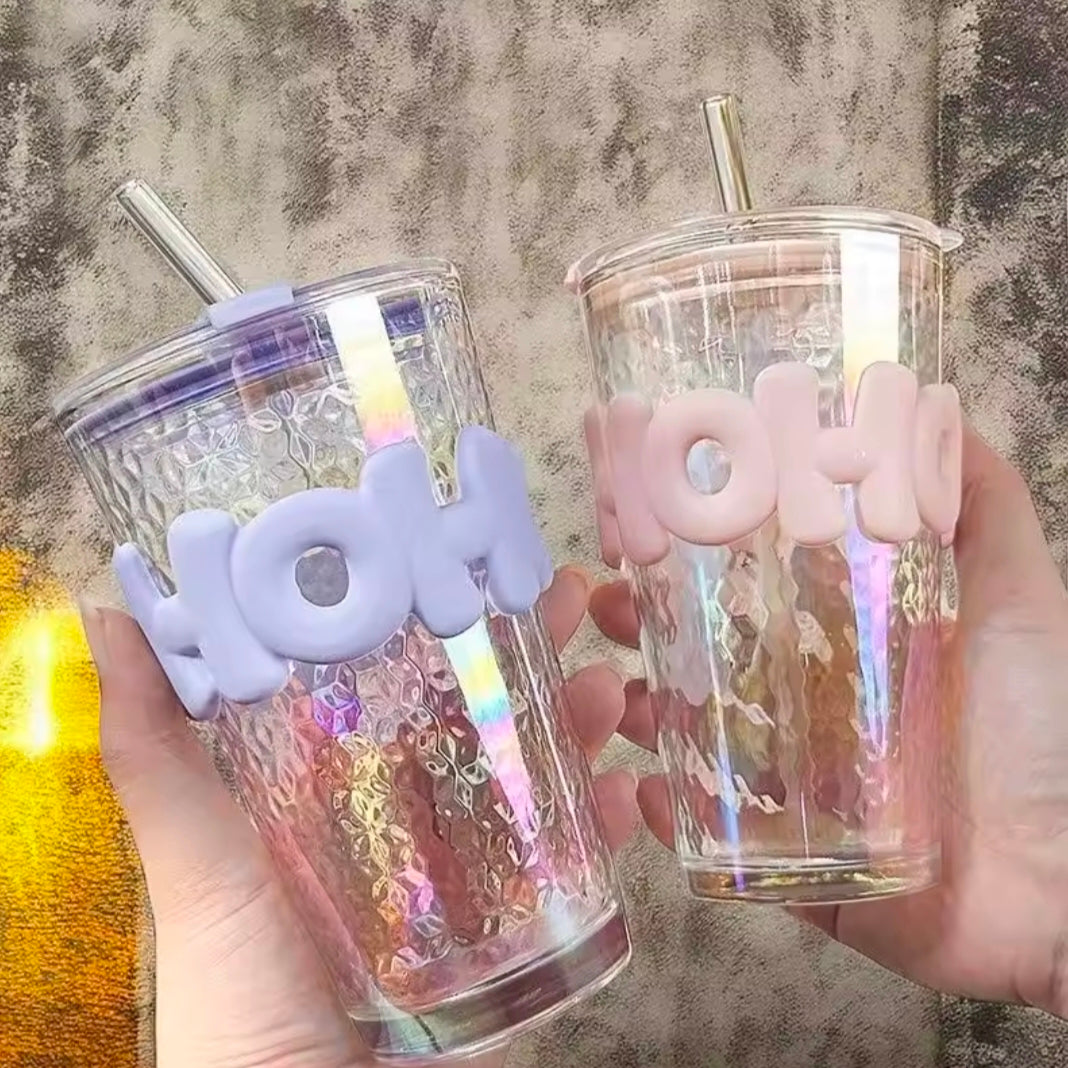 Kawaii Water Bottle For Coffee Juice Tea Cute Tumbler Glass Cup With Straw Lid Portable Reusable Drinking Bottle Straw Water Cup