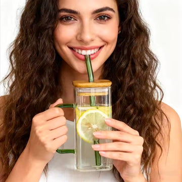 Square Glass Tumbler with Handle & Lid – 380ml Travel Cup