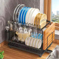 Rust -proof Metal Dish Drainer With Cup Holder Cutlery and Cutting Board Slots -2 Tier Kitchen Countertop Plates Bowls Organizer