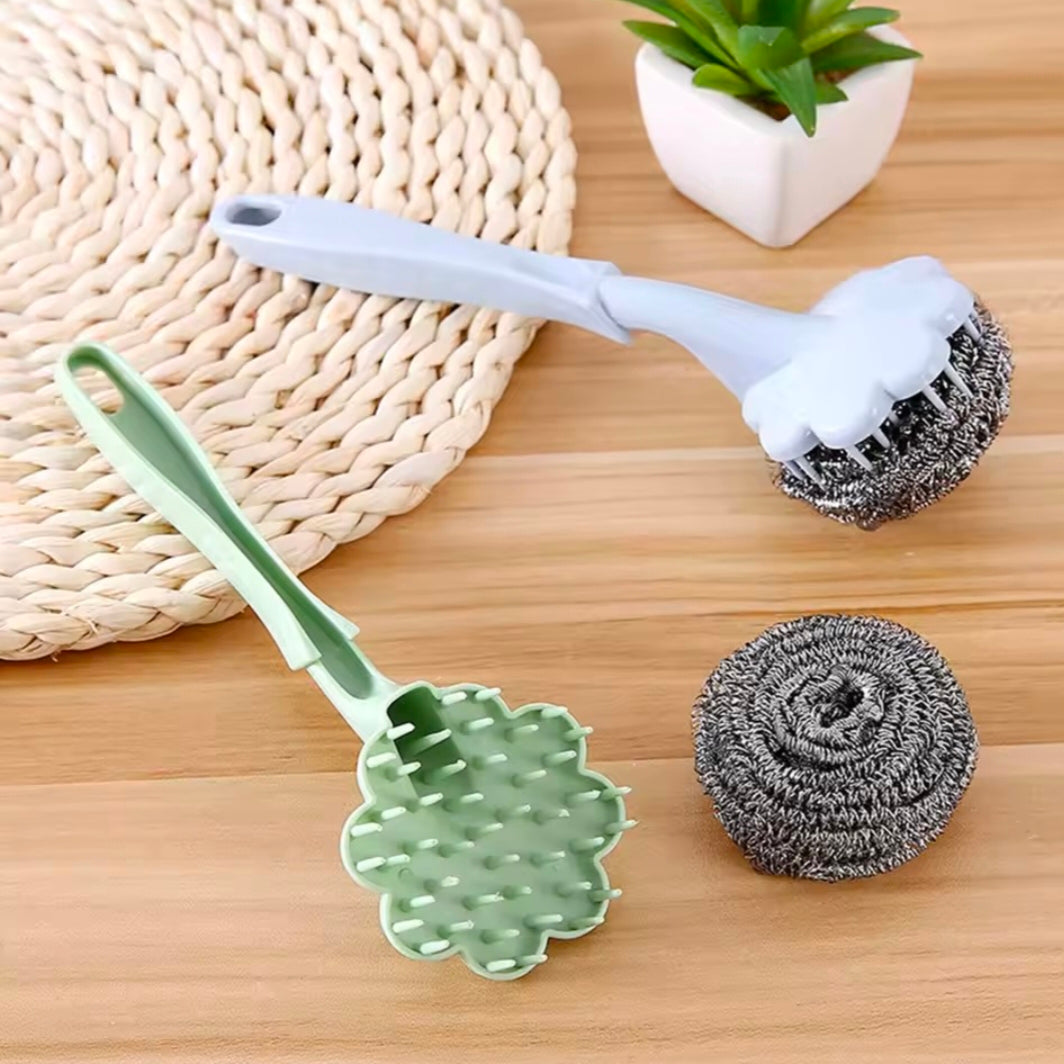 Flower Shape Steel Wire Ball Brush Long Handle Metal Scouring Pad Kitchen Bathroom Pan Pot Cleaning Coffee