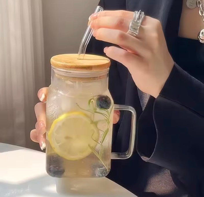 Cute Glass Cup With Bamboo Lip Strew for Coffee Water Milk Tea Juice Portable Glass Bottle Girl Large Drinking Bottle Gift 620ml