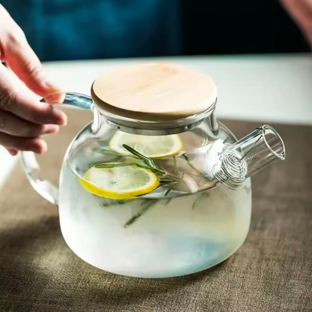 GIANXI Transparent Glass Elegant Water Jugs With Wooden Cover Kitchen Coffee Pot Coffeeware Teaware Beverage Dispenser