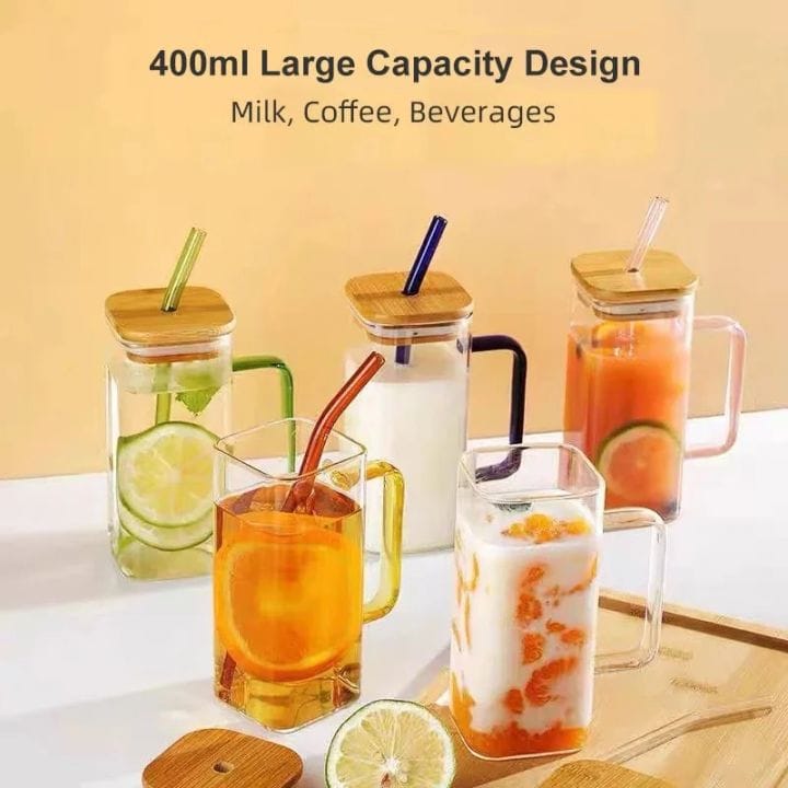 Square Glass Tumbler with Handle & Lid – 380ml Travel Cup