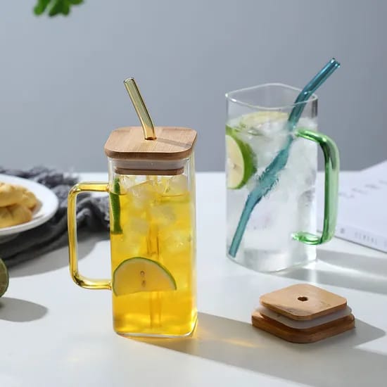 Square Glass Tumbler with Handle & Lid – 380ml Travel Cup