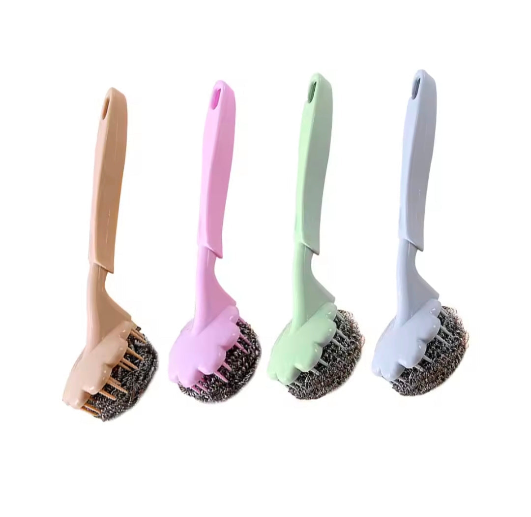 Flower Shape Steel Wire Ball Brush Long Handle Metal Scouring Pad Kitchen Bathroom Pan Pot Cleaning Coffee