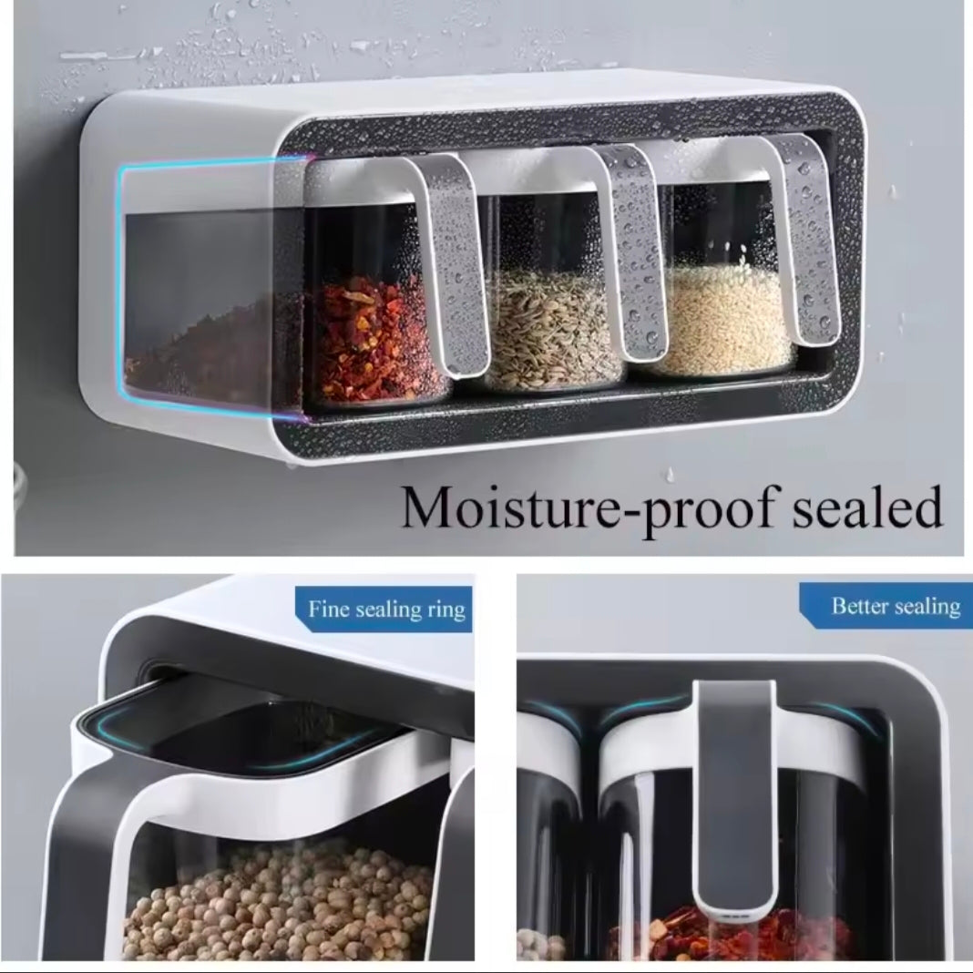 Wall Mount Spice Rack Organizer Sugar Bowl, Salt Shaker Seasoning Container Spice Boxes with Spoons Kitchen Supplies Storage Set
