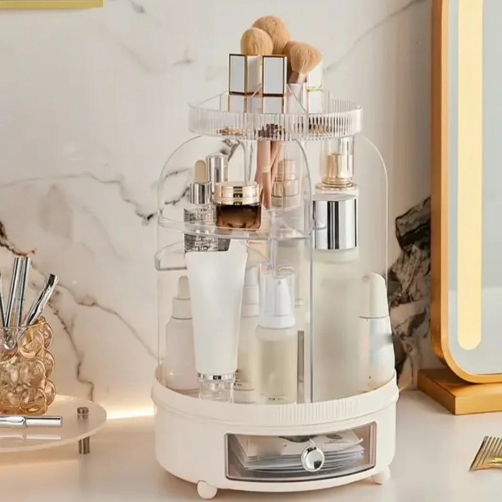 360° Rotating Cosmetics Organizer, Dust Proof Dressing Table Storage Rack, Cosmetics Drawer Organizer