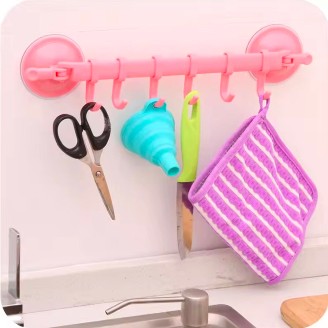 WIKHOSTAR 6 Hooks Towel Rack Suction Cup Hooks Bathroom Organizer Wall-mounted Storage Shelf Kitchen Towel Hanger Rack