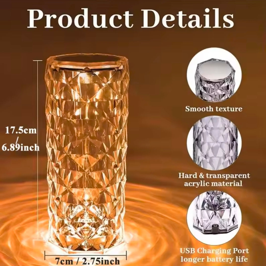 Crystal Diamond Table Lamp Rechargeable Acrylic Bedroom Bedside Ambiance Lamp Rose Decorative Lamp Touch Creative Night Lights