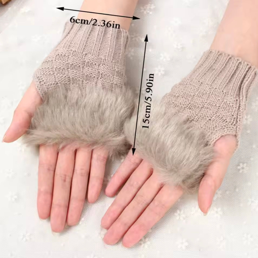 Winter Faux Rabbit Fur Warm Knitted Half Finger Gloves Wrist Hand Warmer Gloves Fingerless Mittens Solid Color Soft Touch Gloves