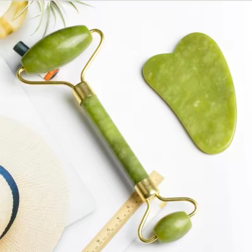 Natural Jade Stone Double-Headed Facial Massage Roller Guashe Board for Face & Body Skin Relaxation Neck Care Beauty Slimming