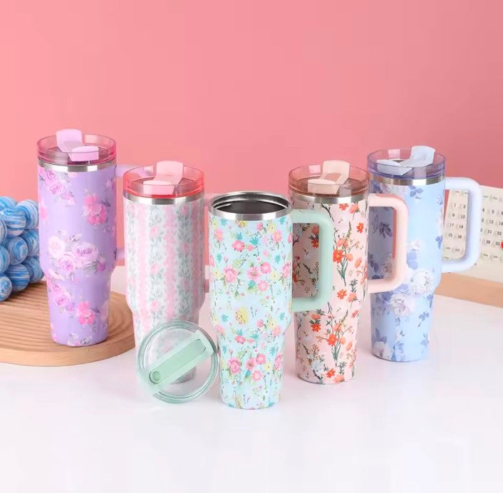 New Large Capacity 40oz Floral Car Vacuum Insulated Stainless Steel 304 Water Bottle Portable Inc king Cup for Vehicle use