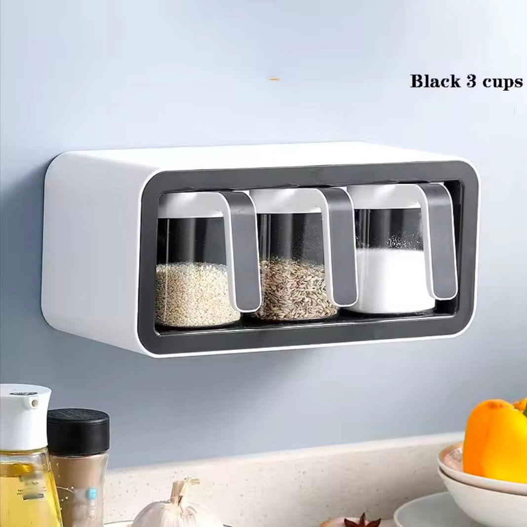 Wall Mount Spice Rack Organizer Sugar Bowl, Salt Shaker Seasoning Container Spice Boxes with Spoons Kitchen Supplies Storage Set