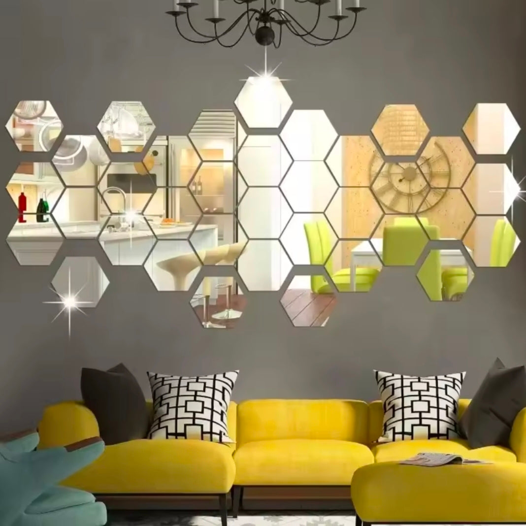 12PCS/Lot Geometric Solid Hexagonal Mirror Wall Stickers DIY With Built-in Adhesive and Removable Home Decoration