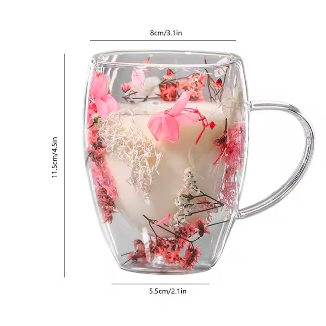 Double Wall Glass Cup 350ml Dry Flower Cup With Handle Anti-Scalding Mugs for Milk Chocolate Tea Juice Hot Cold Beverages