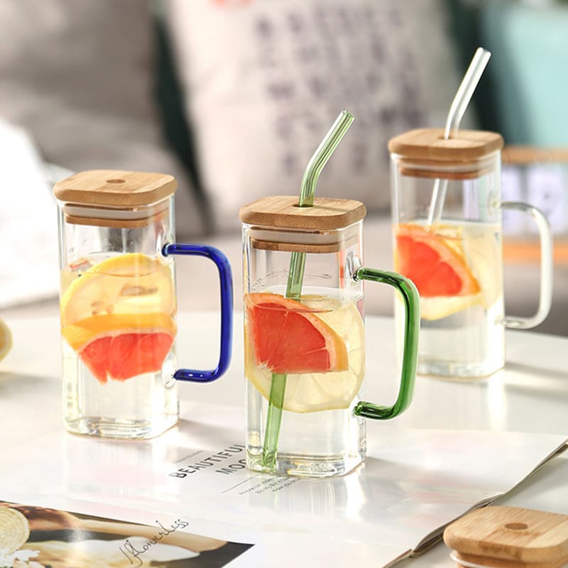 Square Glass Tumbler with Handle & Lid – 380ml Travel Cup